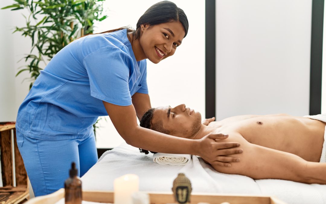 What do massage therapists do if a male client gets excited during a massage?